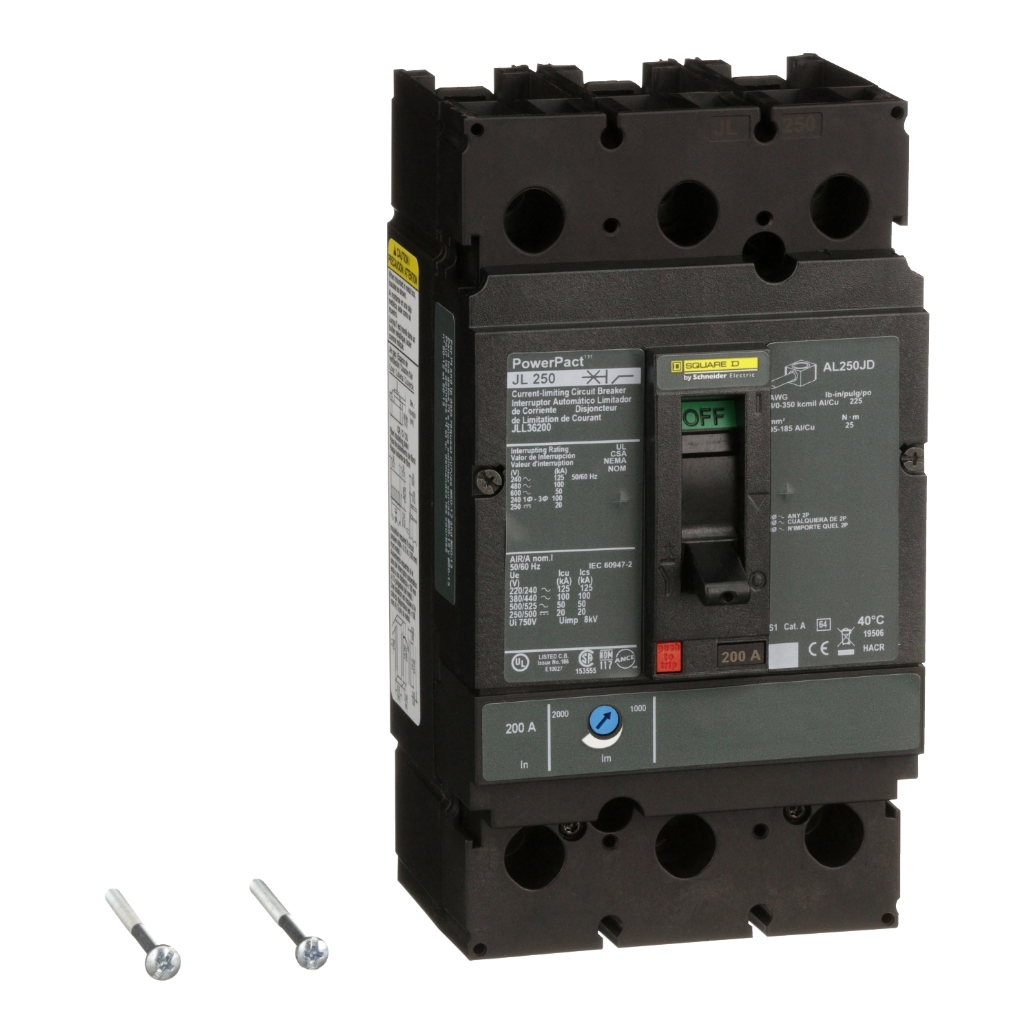 Circuit breaker, PowerPacT J, 200A, 3 pole, 600VAC, 50kA, lugs, thermal magnetic, 80%