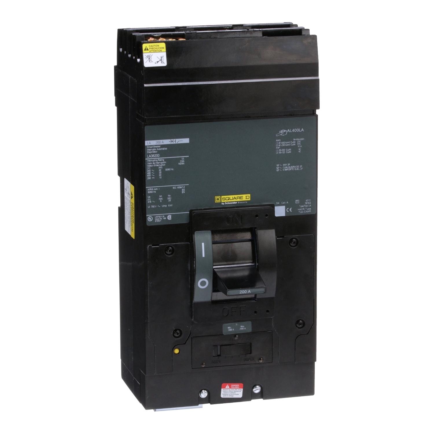 Circuit breaker, LA, 200A, 3 pole, 600VAC, 22kA, 250VDC, 10kA, I-Line, thermal magnetic