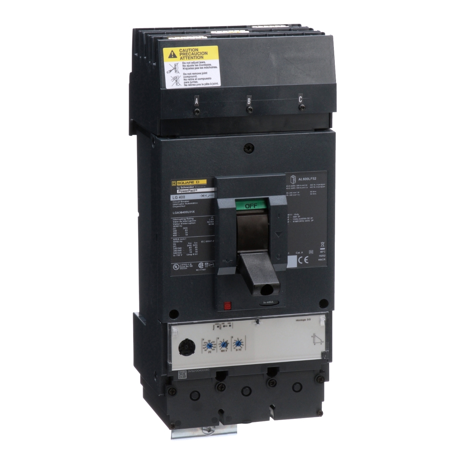 Circuit breaker, PowerPacT L, 400A, 3 pole, 600VAC, 18kA, I-Line, Micrologic 3.3, 80%, ABC