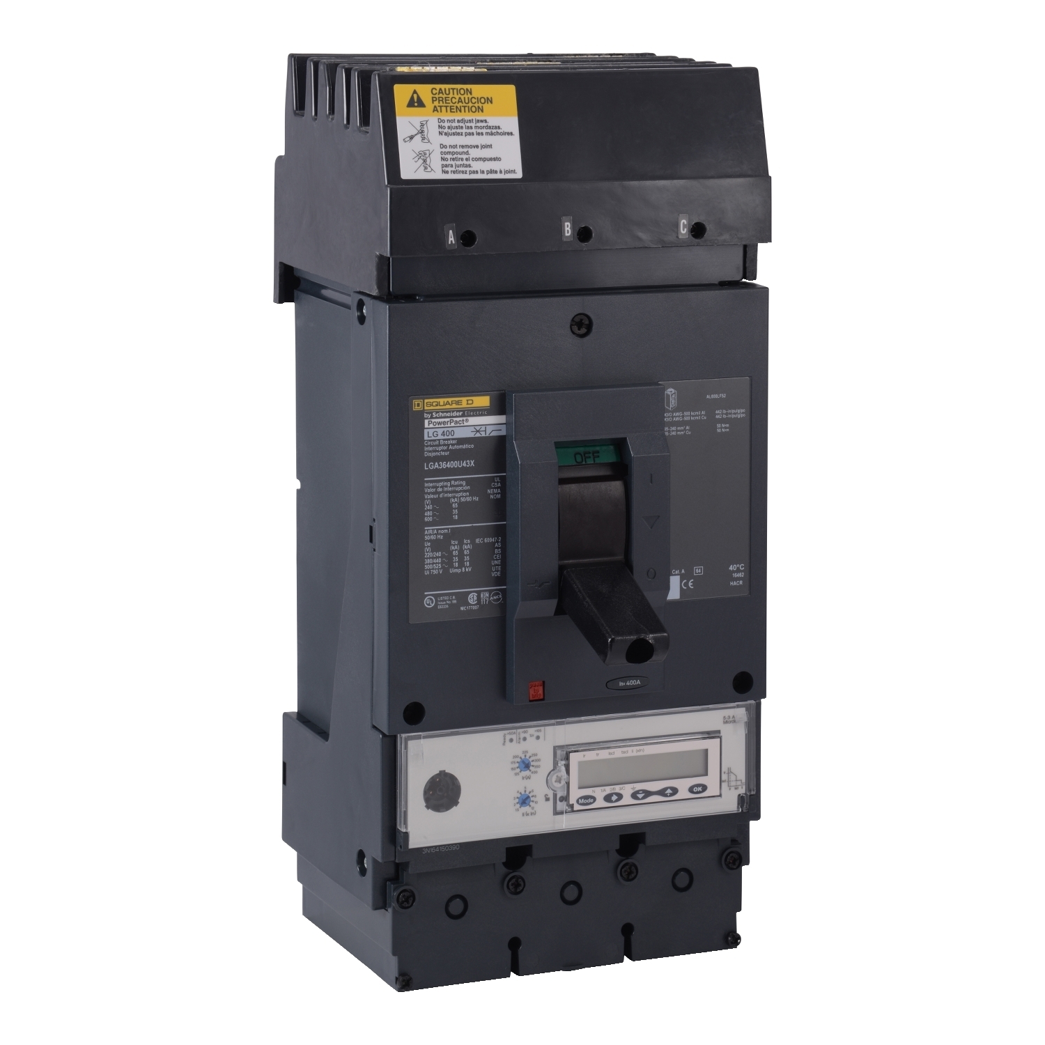 Circuit breaker, PowerPacT L, 400A, 3 pole, 600VAC, 18kA, I-Line, MicroLogic 5.3A, 80%, ABC