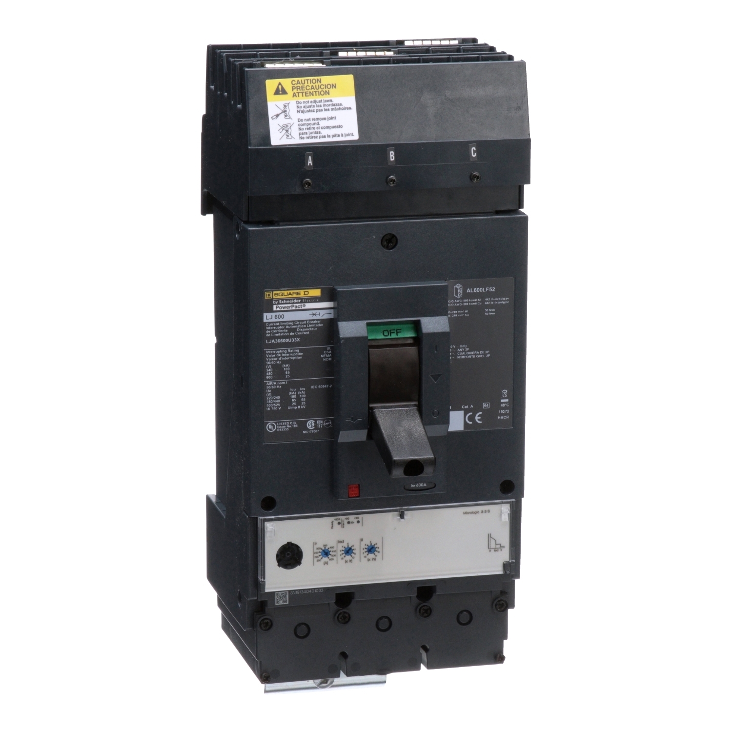 Circuit breaker, PowerPacT L, 600A, 3 pole, 600VAC, 25kA, I-Line, MicroLogic 3.3S, 80%, ABC