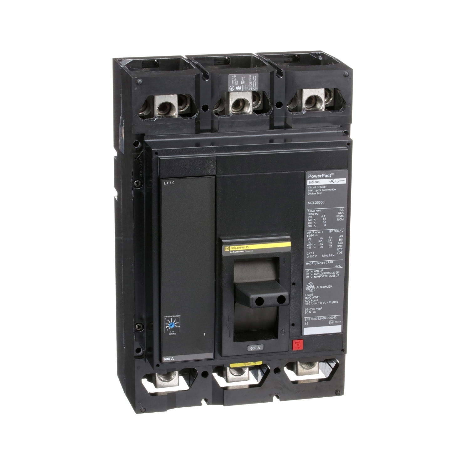 Circuit breaker, PowerPacT M, 600A, 3 pole, 600VAC, 18kA, lugs, ET 1.0, 80%