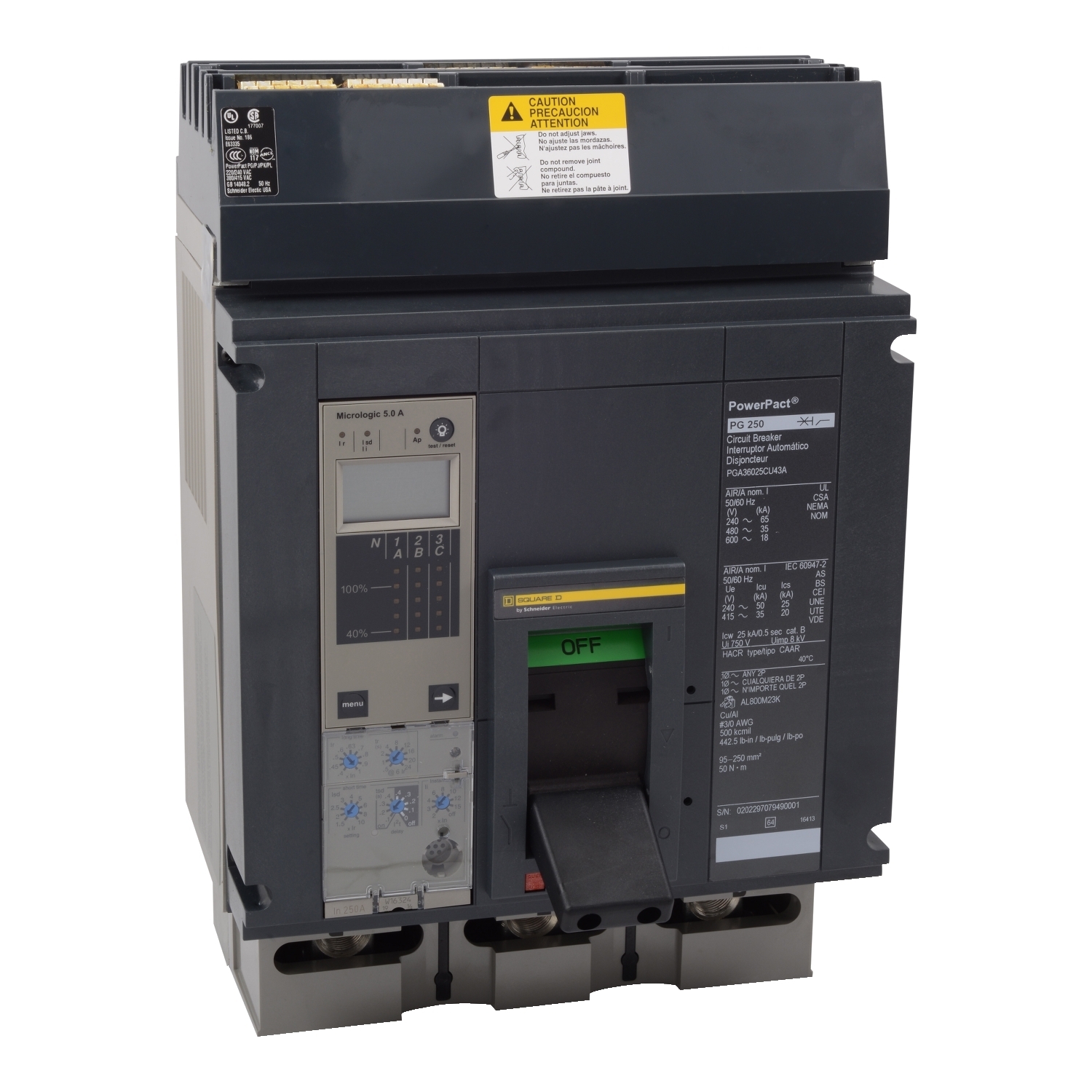Circuit breaker, PowerPacT P, 600A, 3 pole, 600VAC, 25kA, I-Line, Micrologic 3.0, 100%, ABC