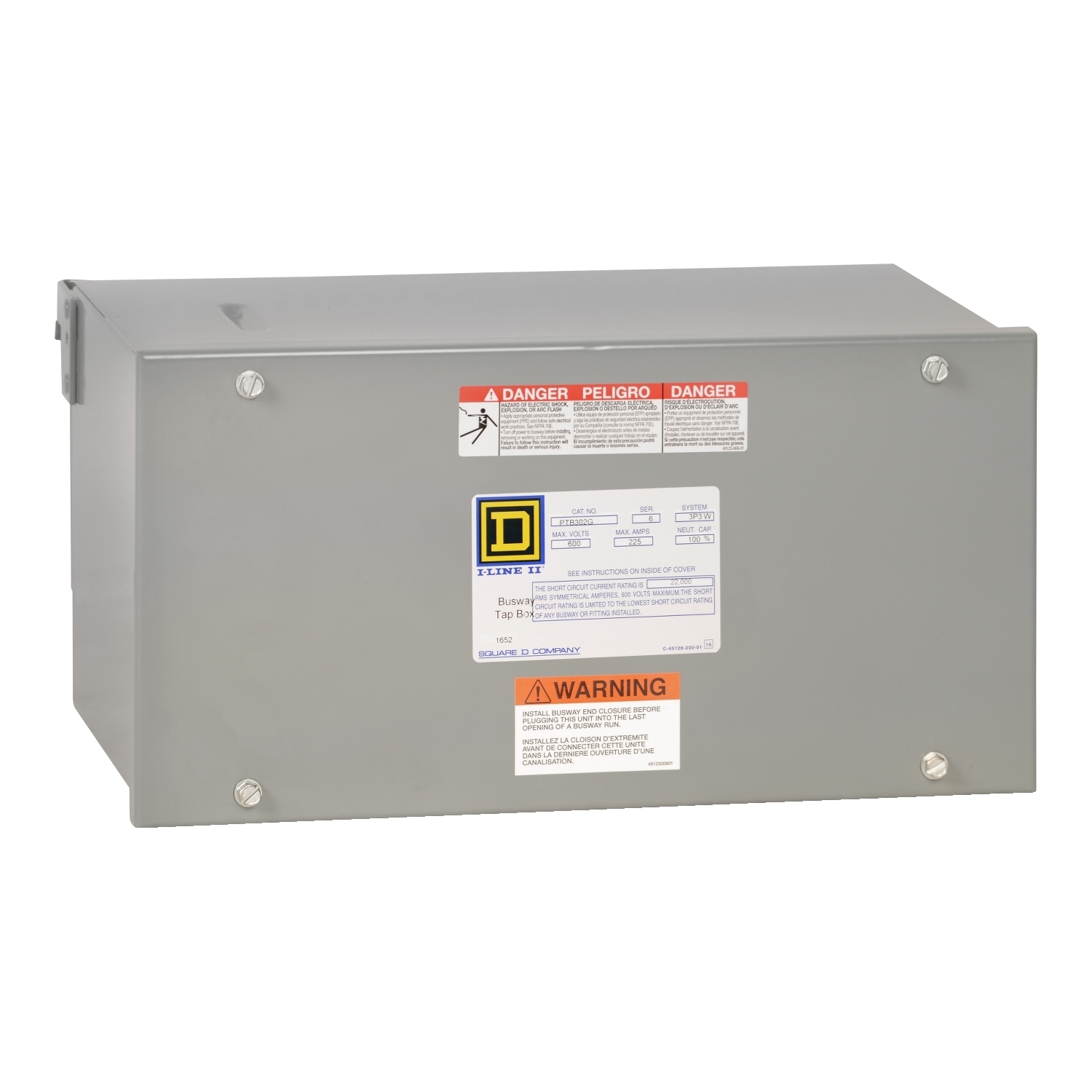 Busway, I-Line, plug in, tap box, 225A, 277/480 V, 3 phase, 3 wire, integral ground bus, copper