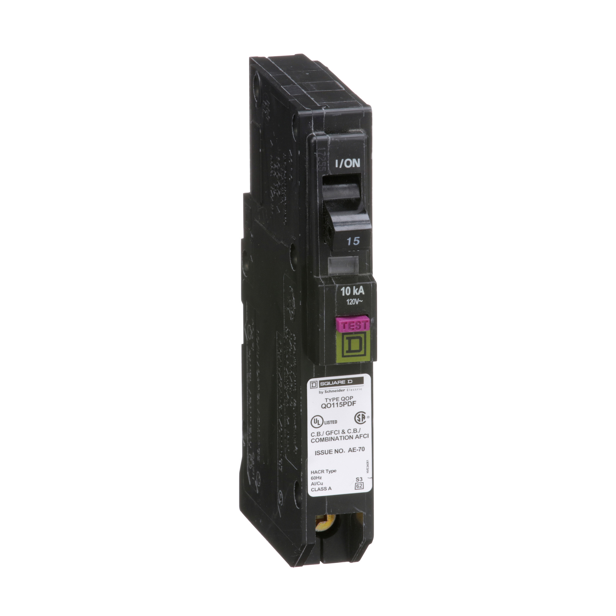 Mini circuit breaker, QO, 15A, 1 pole, 120VAC, 10kA, dual function, plug on neutral, plug in mount
