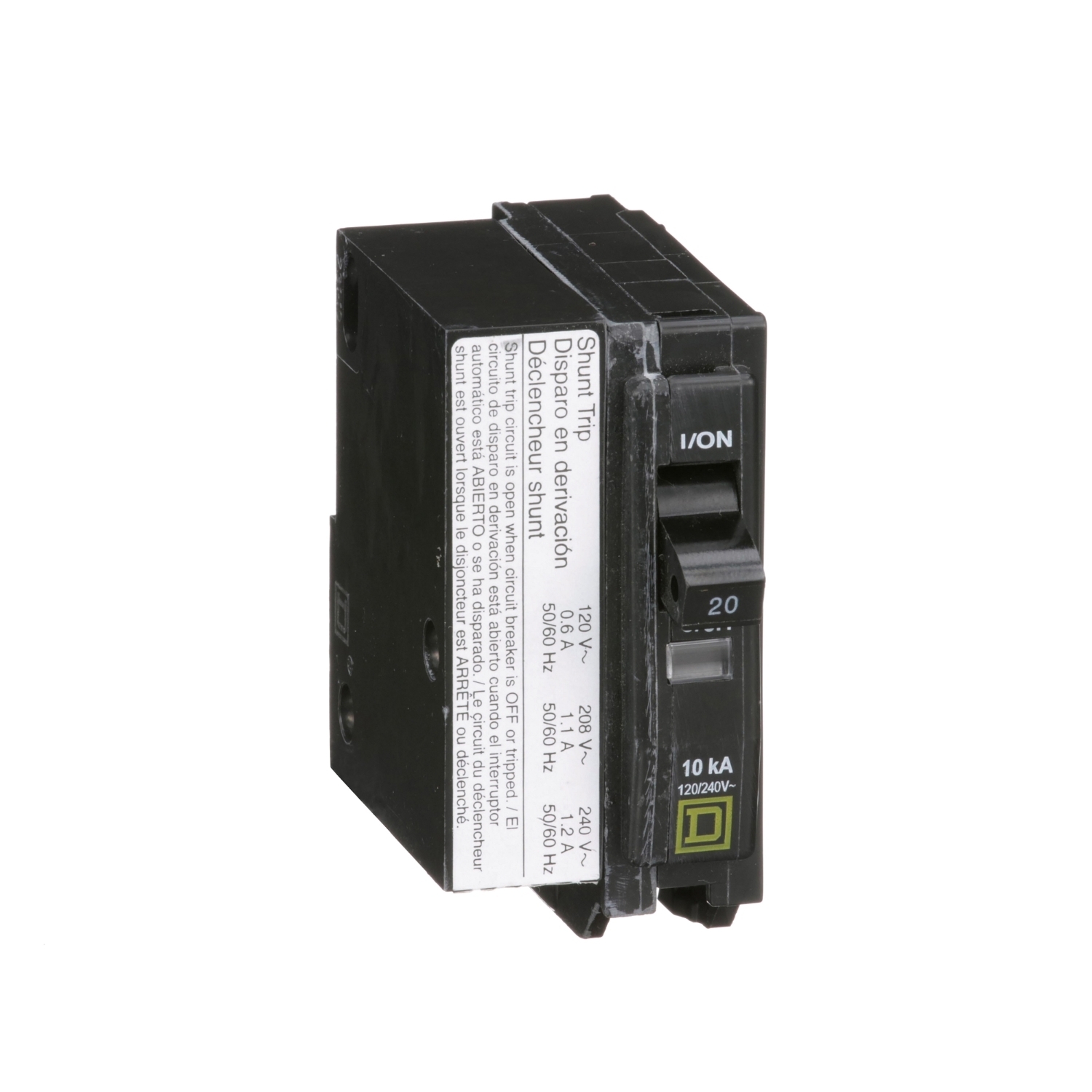 Mini circuit breaker, QO, 20A, 1 pole, 120/240VAC, 10kA, plug in, AC shunt