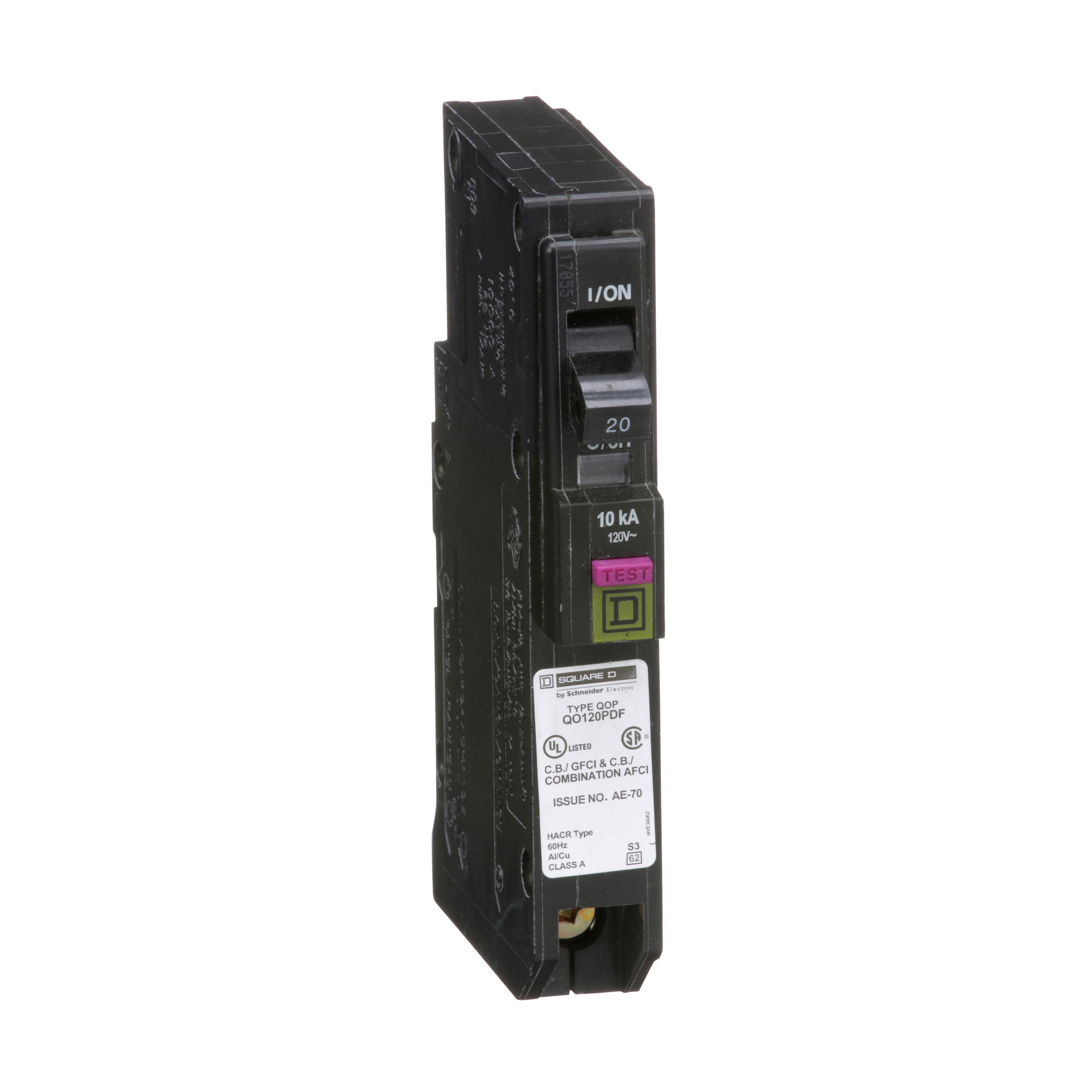 Mini circuit breaker, QO, 20A, 1 pole, 120VAC, 10kA, dual function, plug on neutral, plug in mount