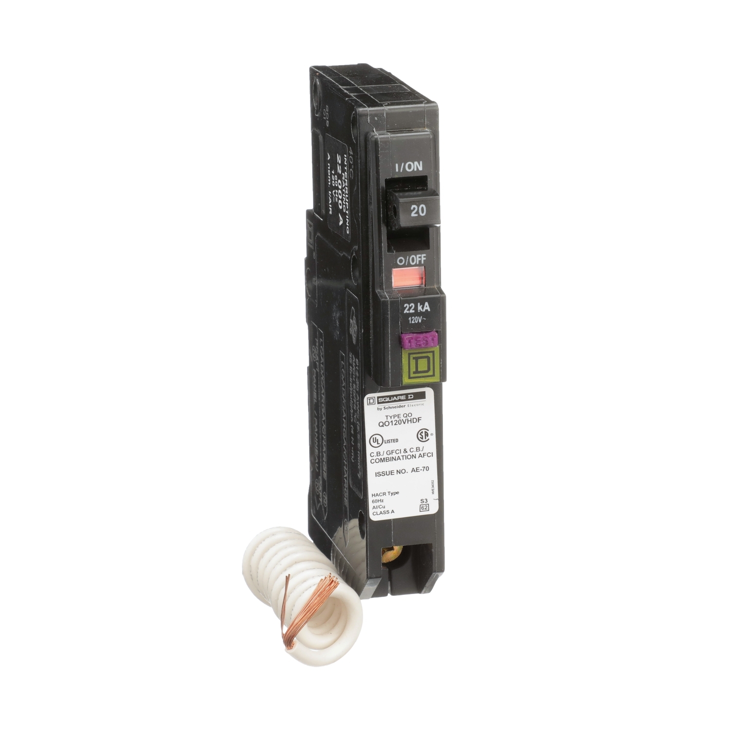 QO120VHDF Miniature Circuit Breaker, 20 Amp, 1 Pole, 120V
