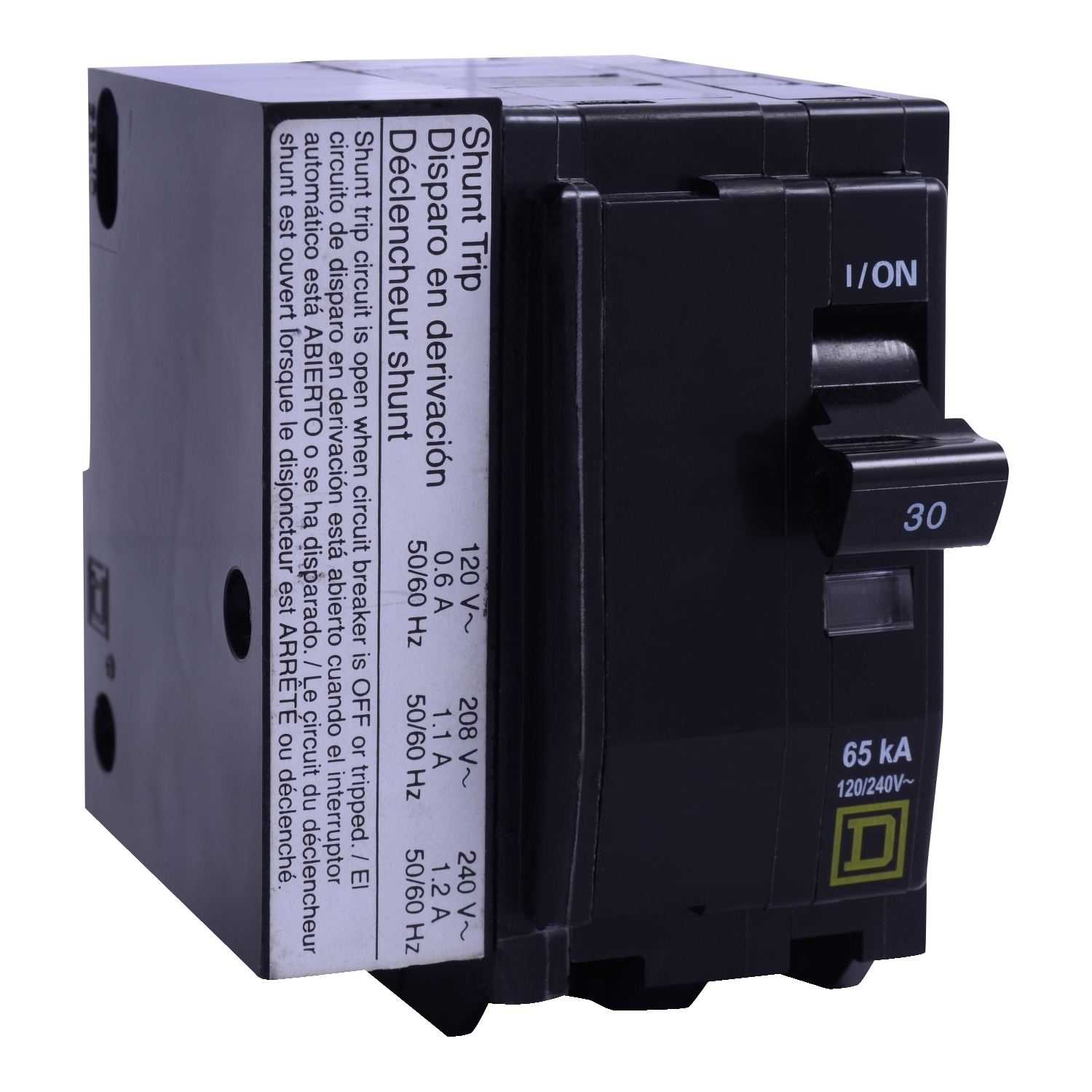 Mini circuit breaker, QO, 30A, 2 pole, 120/240VAC, 10kA, plug in, AC shunt