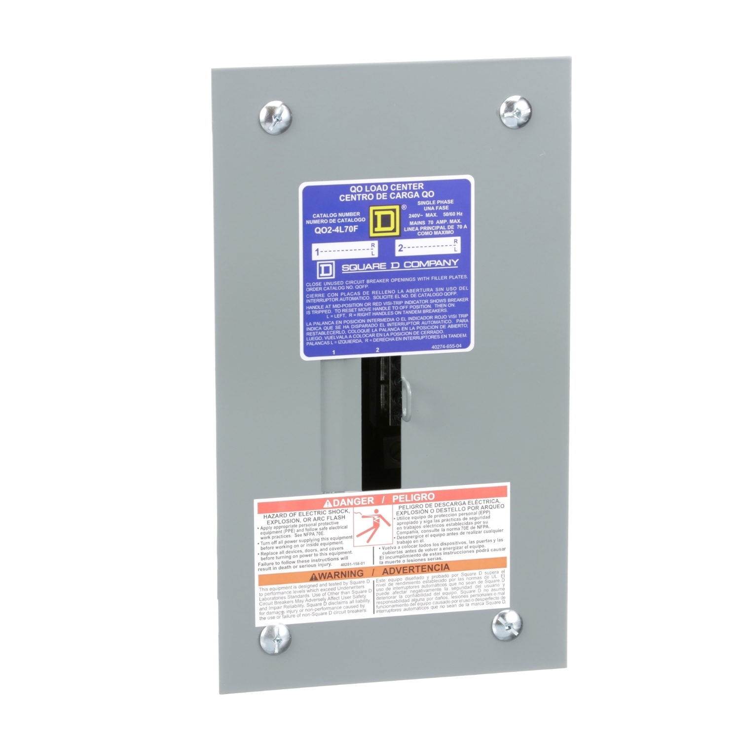 Fixed Main Lug Load Center; 70 Amp, 120/240 Volt AC, 1 Phase, 2 Space, 4 Circuit, 3-Wire, Flush