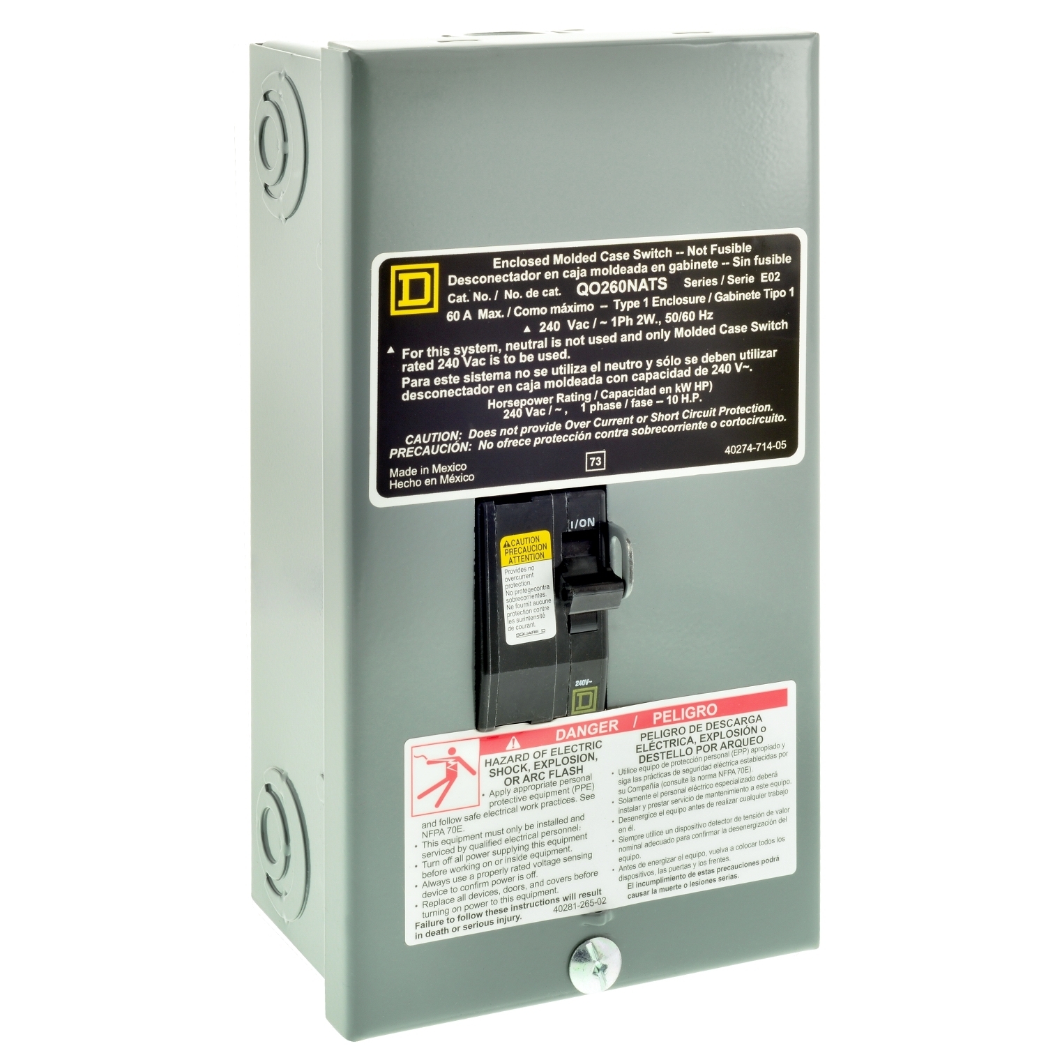 Enclosed molded case switch, QO, 60A, 2 pole, 240VAC, 22kA, NEMA 1