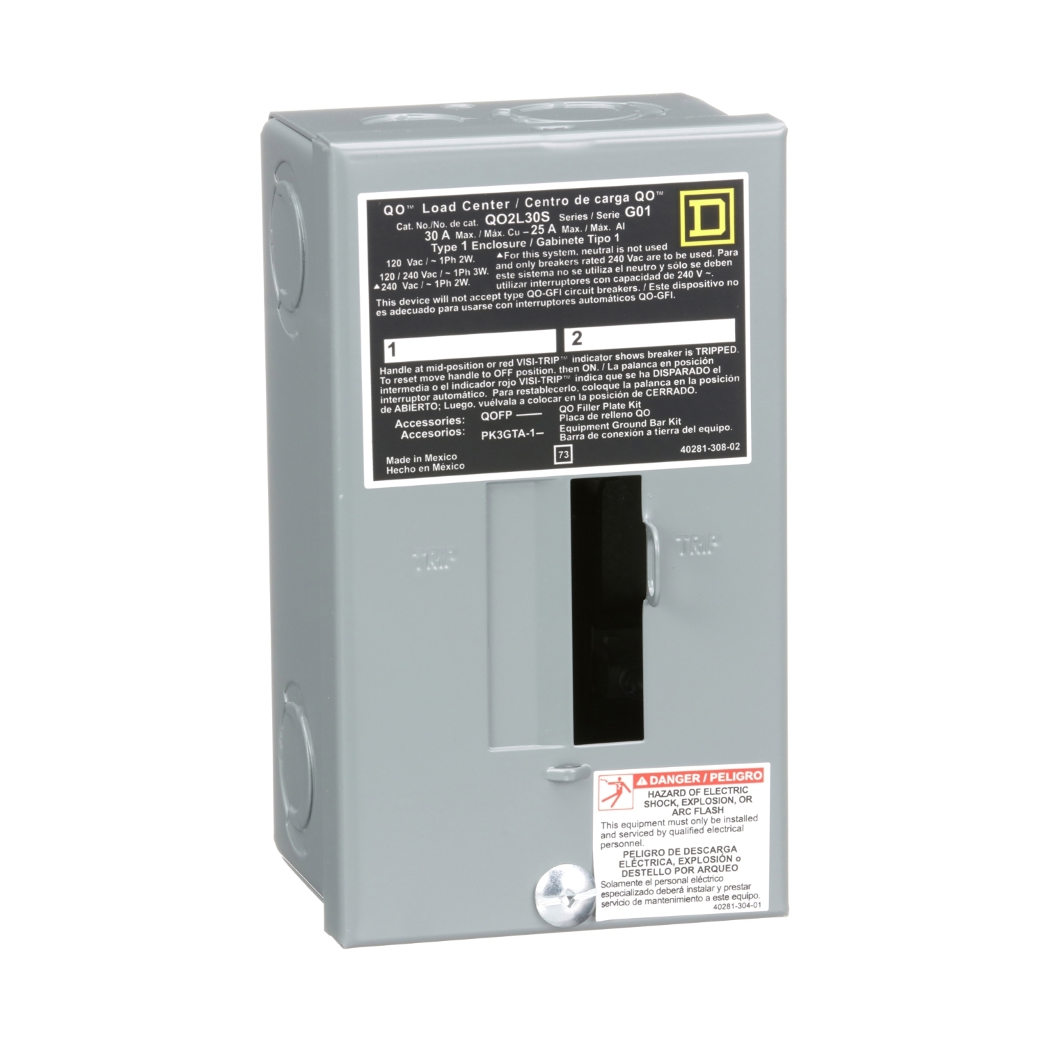 Fixed Main Lug Load Center; 30 Amp, 120/240 Volt AC, 1 Phase, 2 Space, 2 Circuit, 3-Wire, Surface