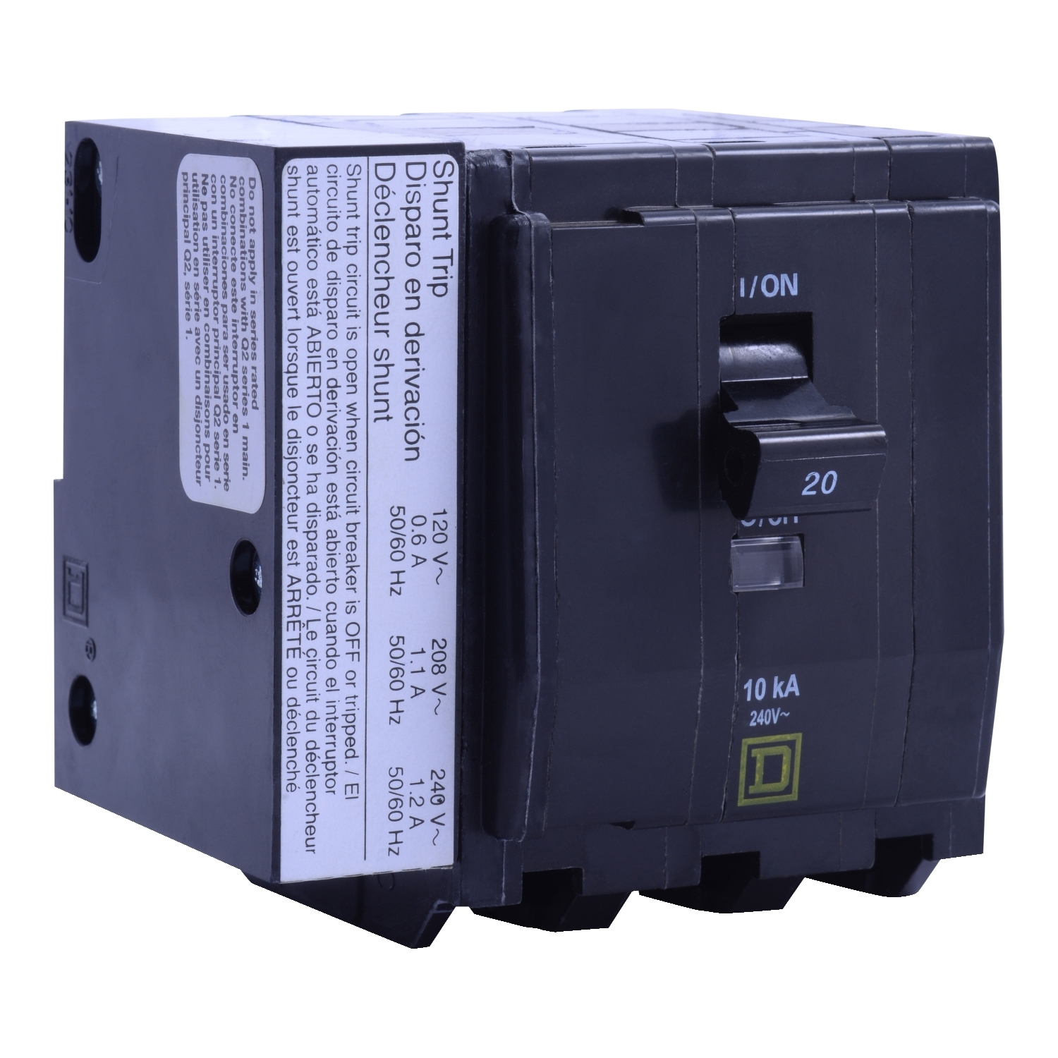 Mini circuit breaker, QO, 30A, 3 pole, 120/240VAC, 10kA, plug in, AC shunt
