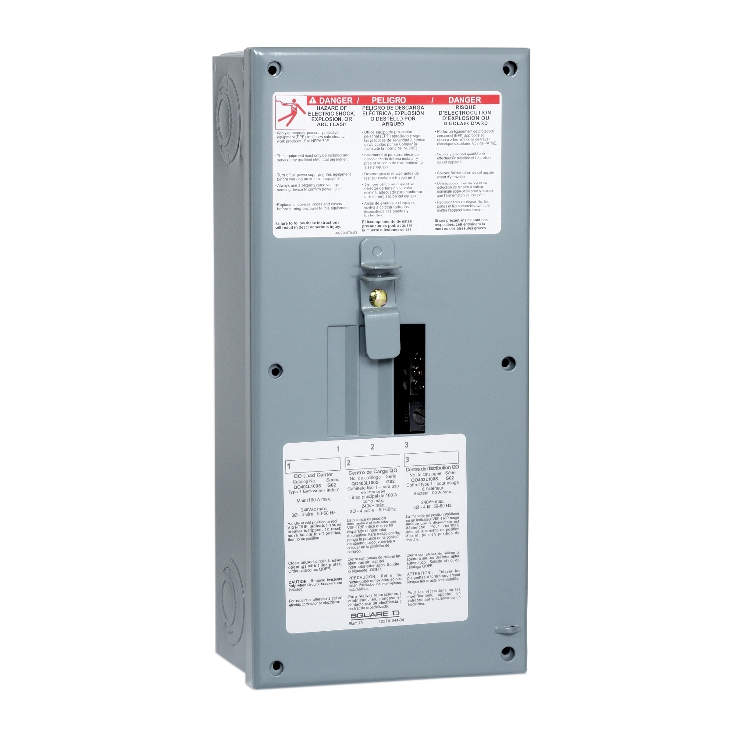Load center, QO, 3 phase, 3 spaces, 3 circuits, 100A main lugs, NEMA1, surface cover, CSA
