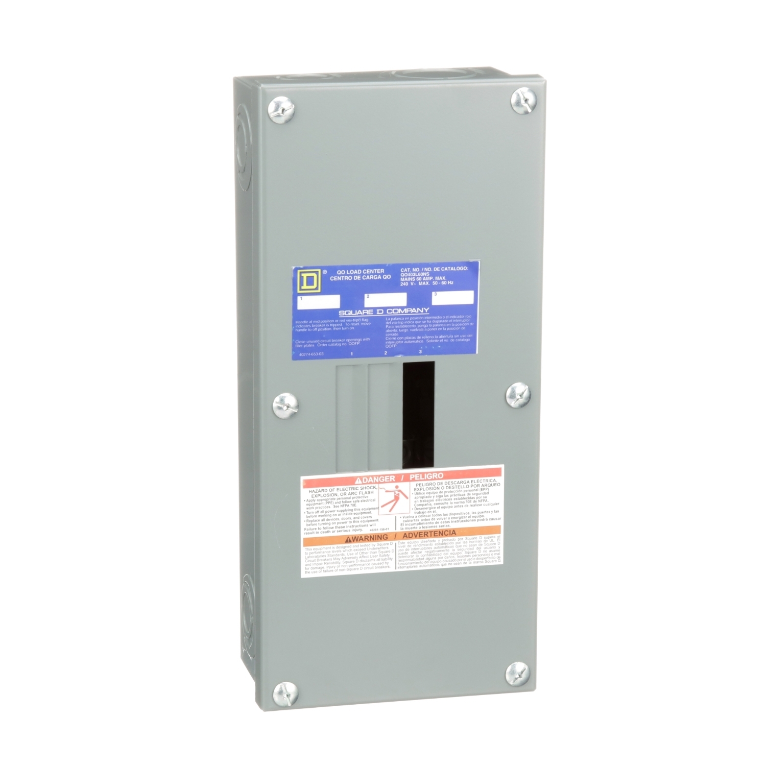 Load center, QO, 3 phase, 3 spaces, 3 circuits, 60A main lugs, NEMA1, neutral gnd bar, surface cover