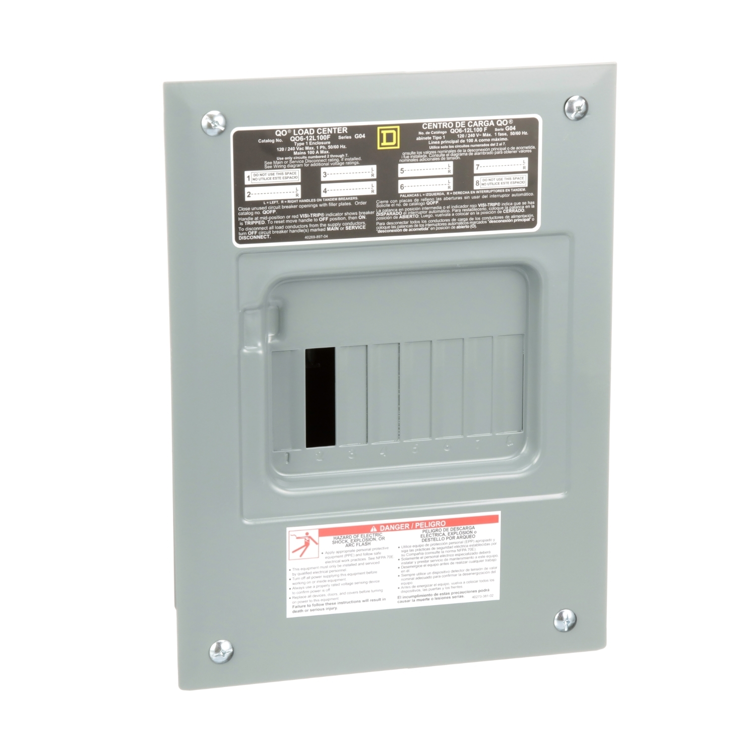 Load center, QO, 1 phase, 6 spaces, 12 circuits, 100A fixed main lugs, NEMA1, flush cover