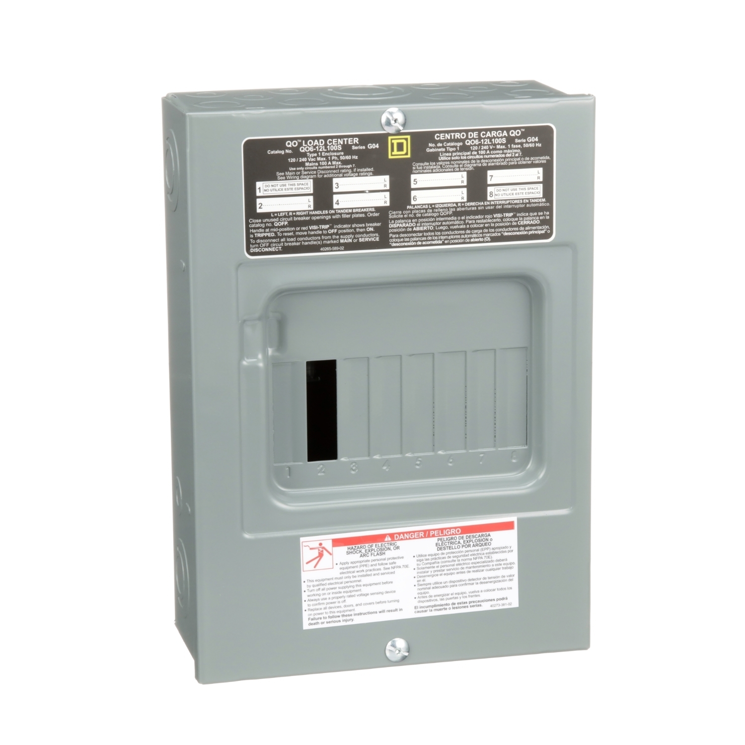 Fixed Main Lug Load Center; 100 Amp, 120/240 Volt AC, 1 Phase, 6 Space, 12 Circuit, 3-Wire, Surface Without Door