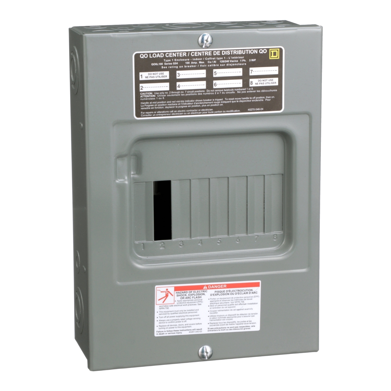 Load center, QO, 1 phase, 6 spaces, 6 circuits, 100A convertible main lugs, NEMA1, surface cover