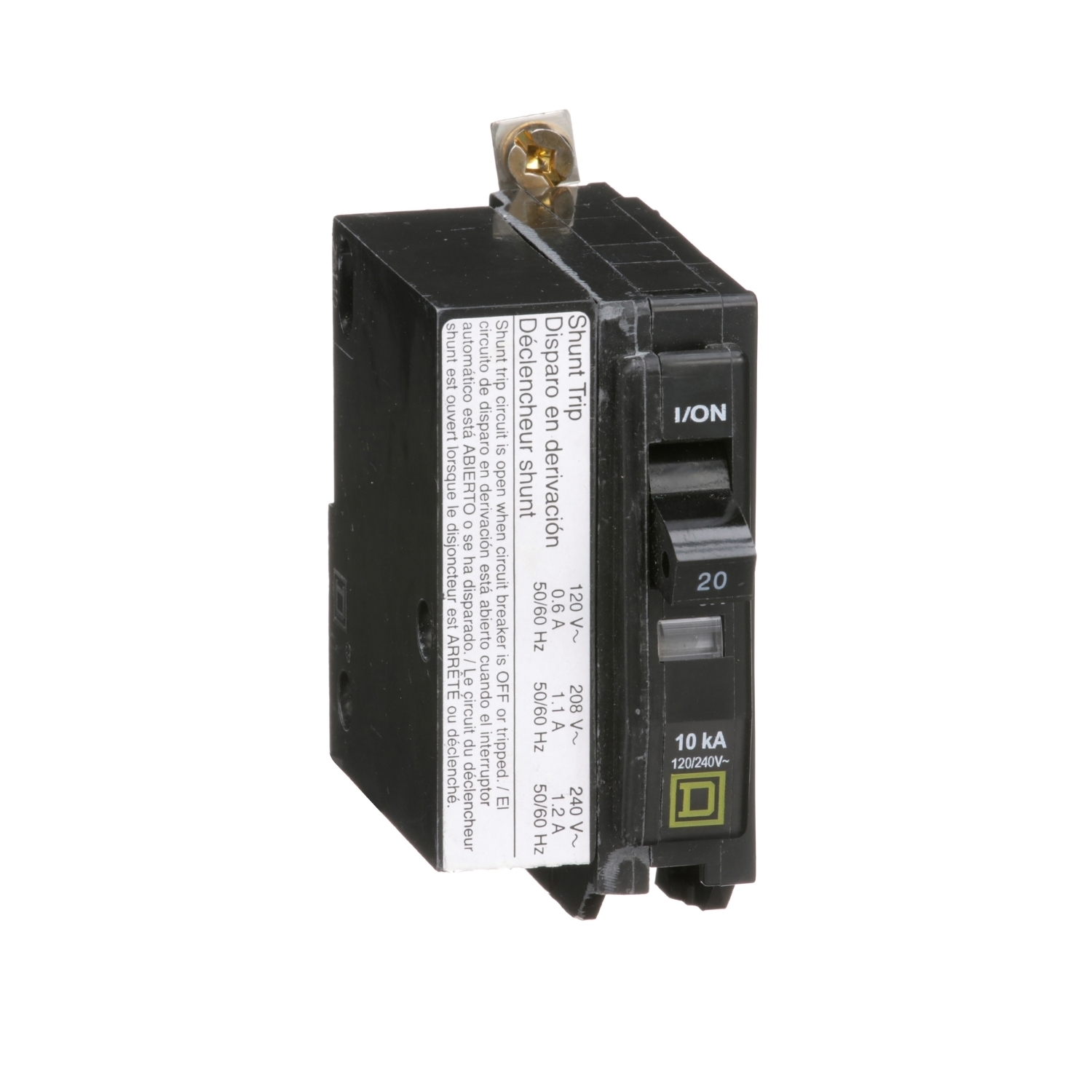 Mini circuit breaker, QO, 20A, 1 pole, 120/240VAC, 10kA, bolt on, AC shunt