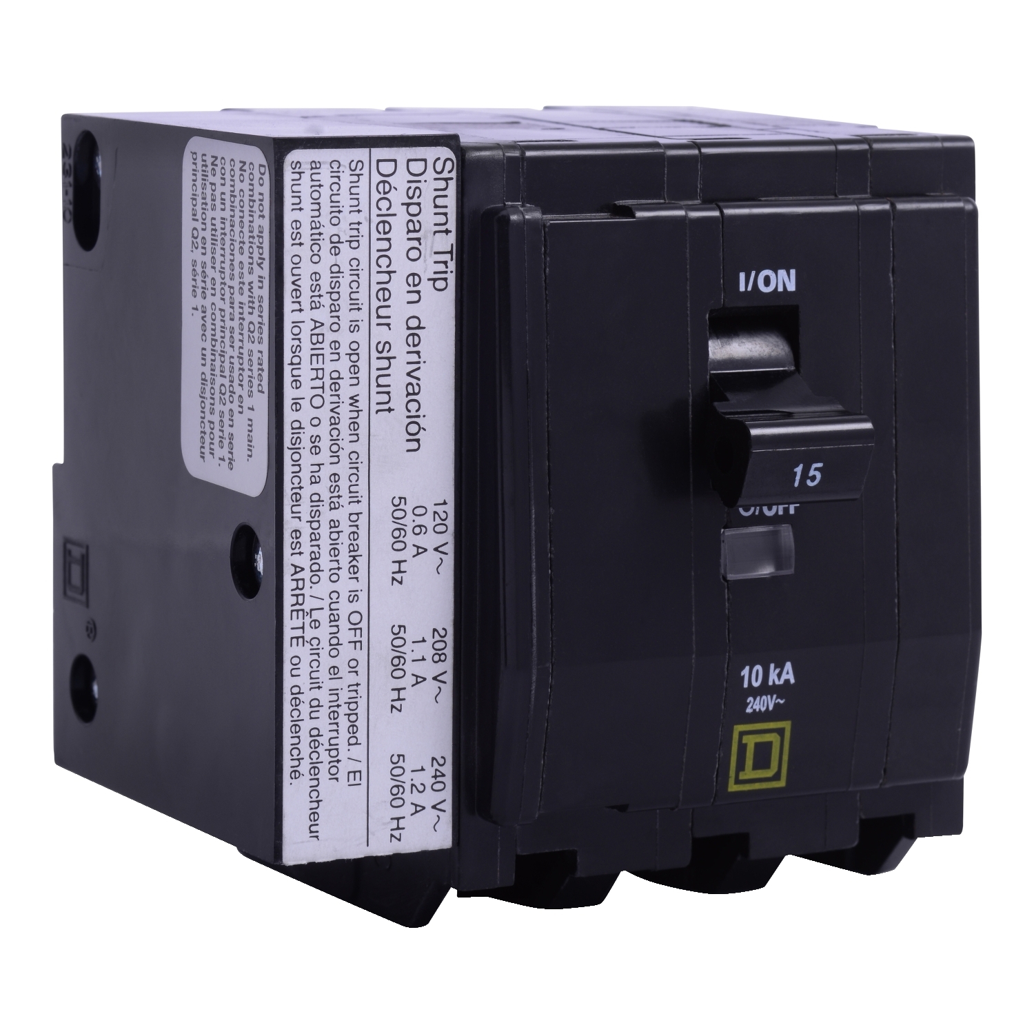Mini circuit breaker, QO, 25A, 3 pole, 120/240VAC, 10kA, bolt on, AC shunt
