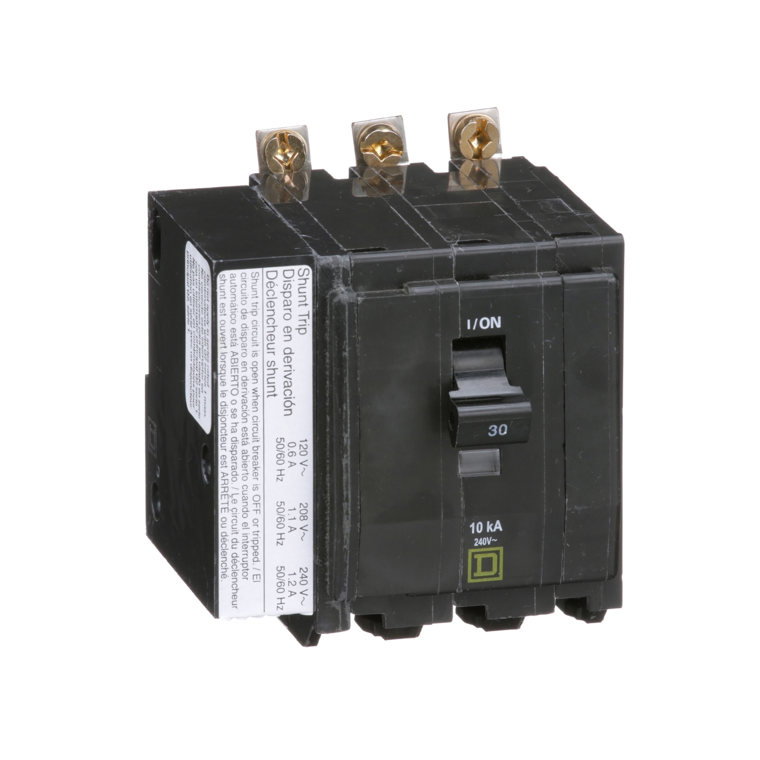 Mini circuit breaker, QO, 30A, 3 pole, 120/240VAC, 10kA, bolt on, AC shunt