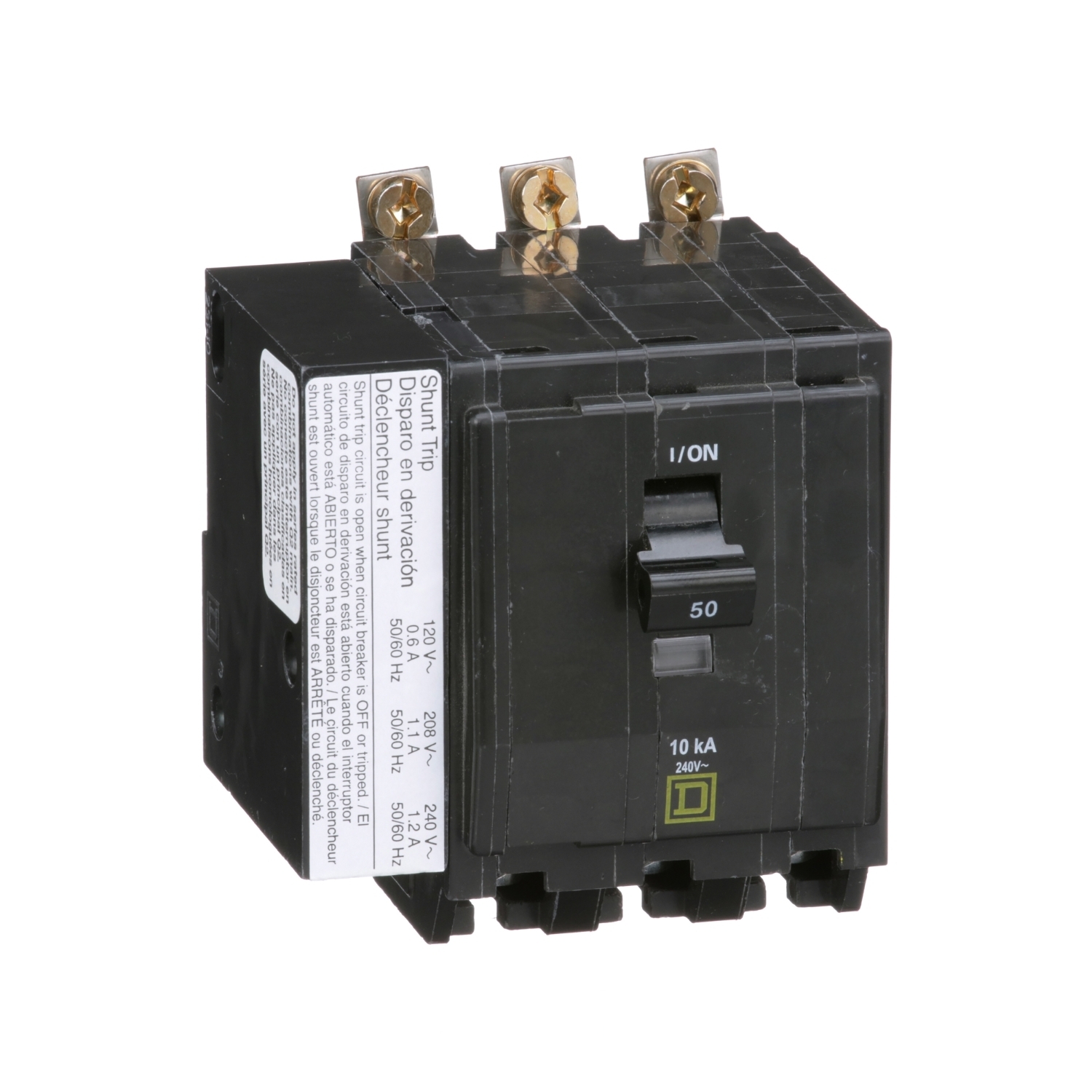 Mini circuit breaker, QO, 50A, 3 pole, 120/240VAC, 10kA, bolt on, AC shunt