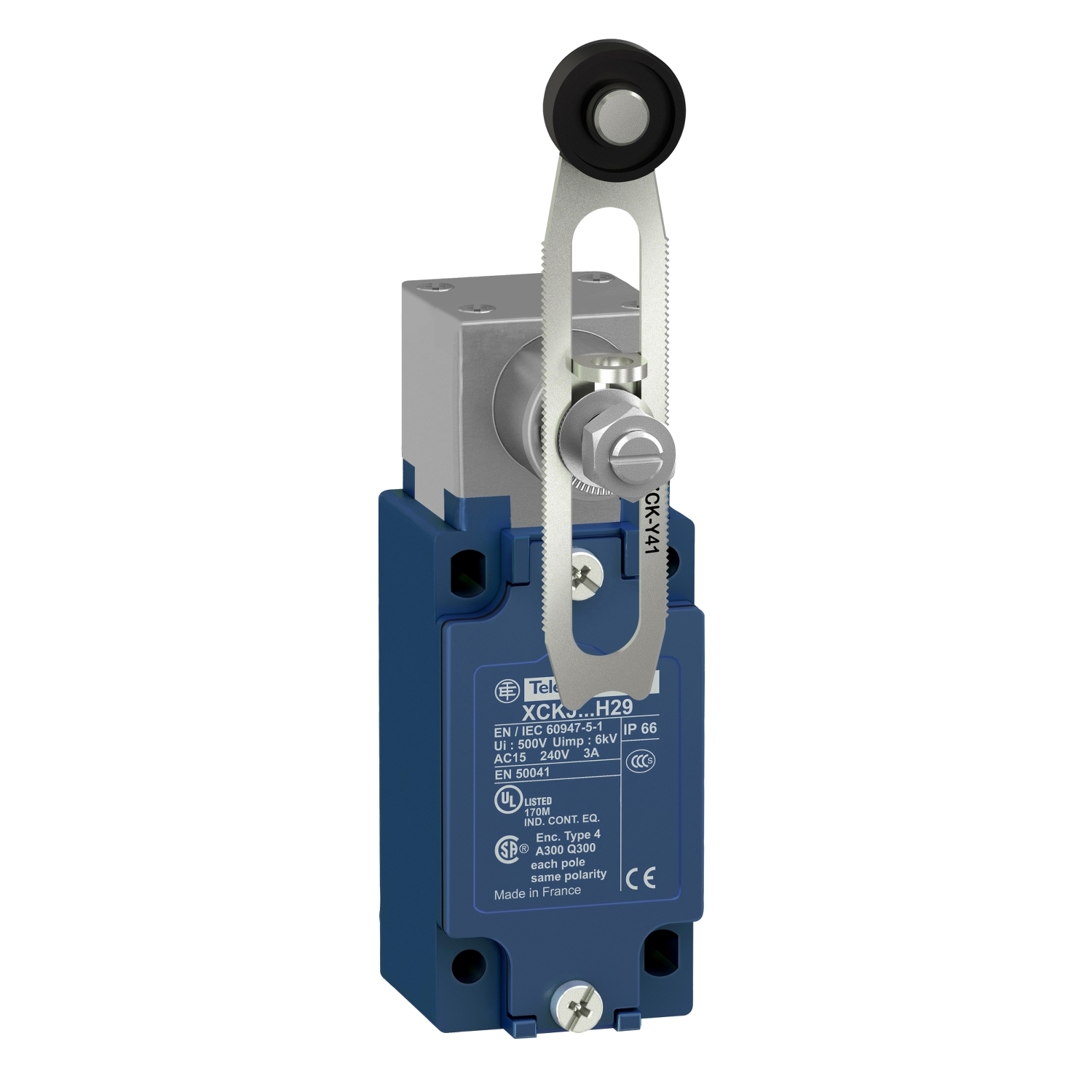 Limit switch,  XC Standard, XCKJ, thermoplastic plastic roller lever var. length, 1NC+1 NO, snap, Pg13