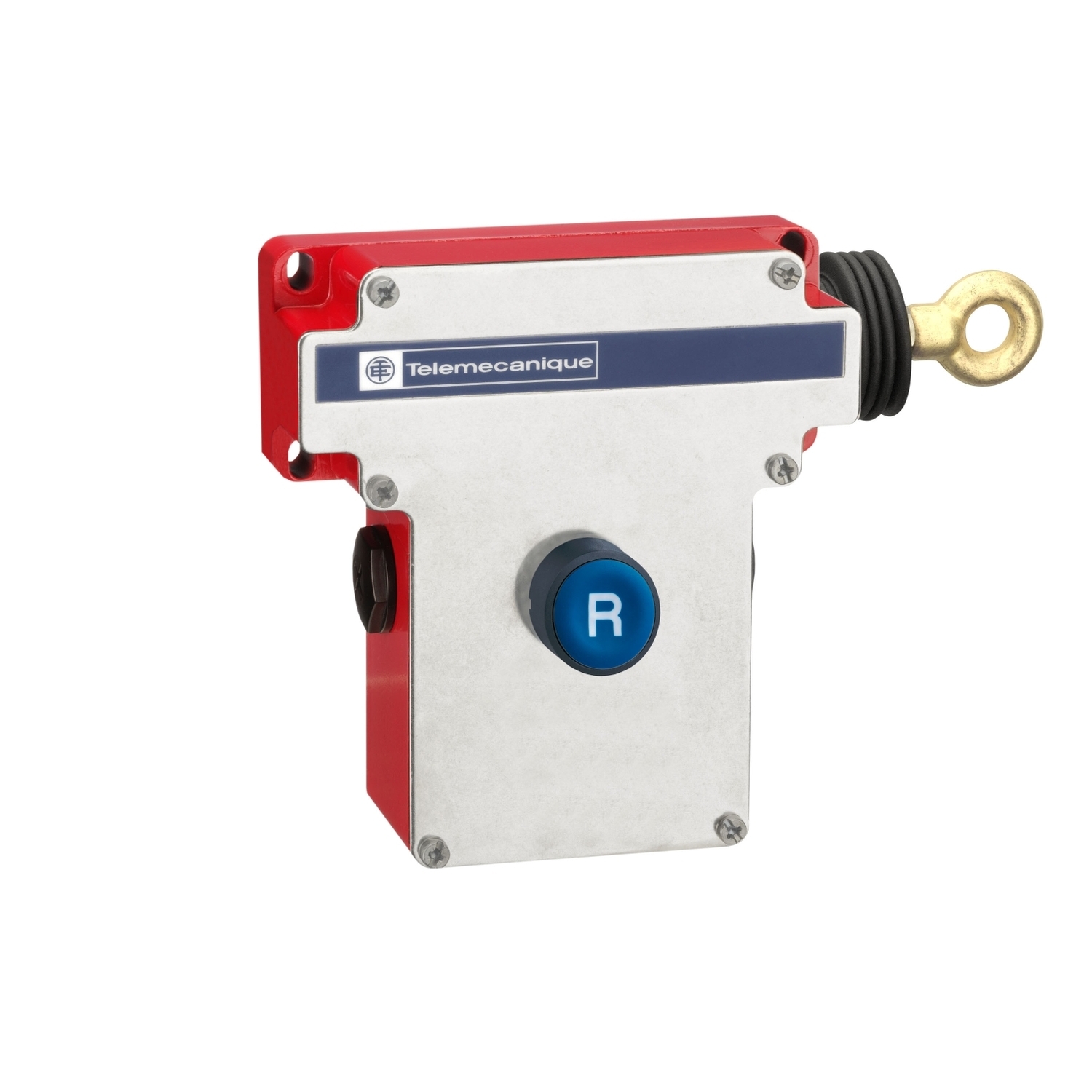 Latching emergency stop rope pull switch, Telemecanique rope pull switches XY2C, e XY2CE, RH side -1NC+1 NO, Flush pushbutton