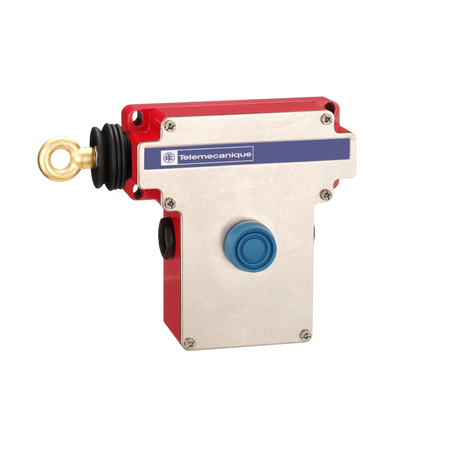 Latching emergency stop rope pull switch, Telemecanique rope pull switches XY2C, e XY2CE, LH side -1NC+1 NO, booted pushbutton