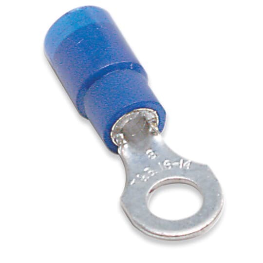 Nylon Insulated Expanded Entry Ring Terminal, Length .95 Inches, Width .31 Inches, Maximum Insulation .190, Bolt Hole #10, Wire Range #18-#14 AWG, Color Blue, Copper, Tin Plated