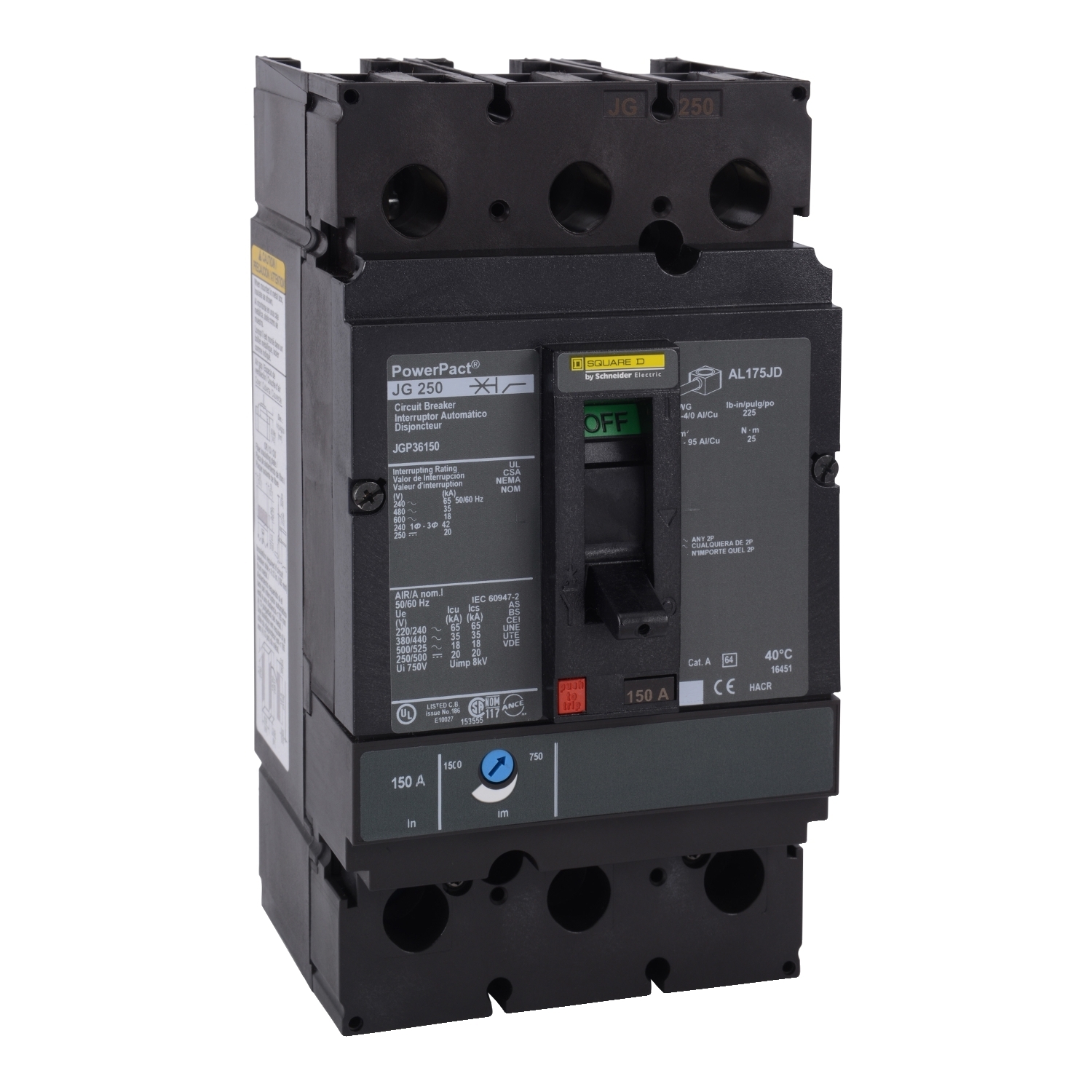 Circuit breaker, PowerPacT J, 225A, 3 pole, 600VAC, 18kA, lugs, thermal magnetic, 80%