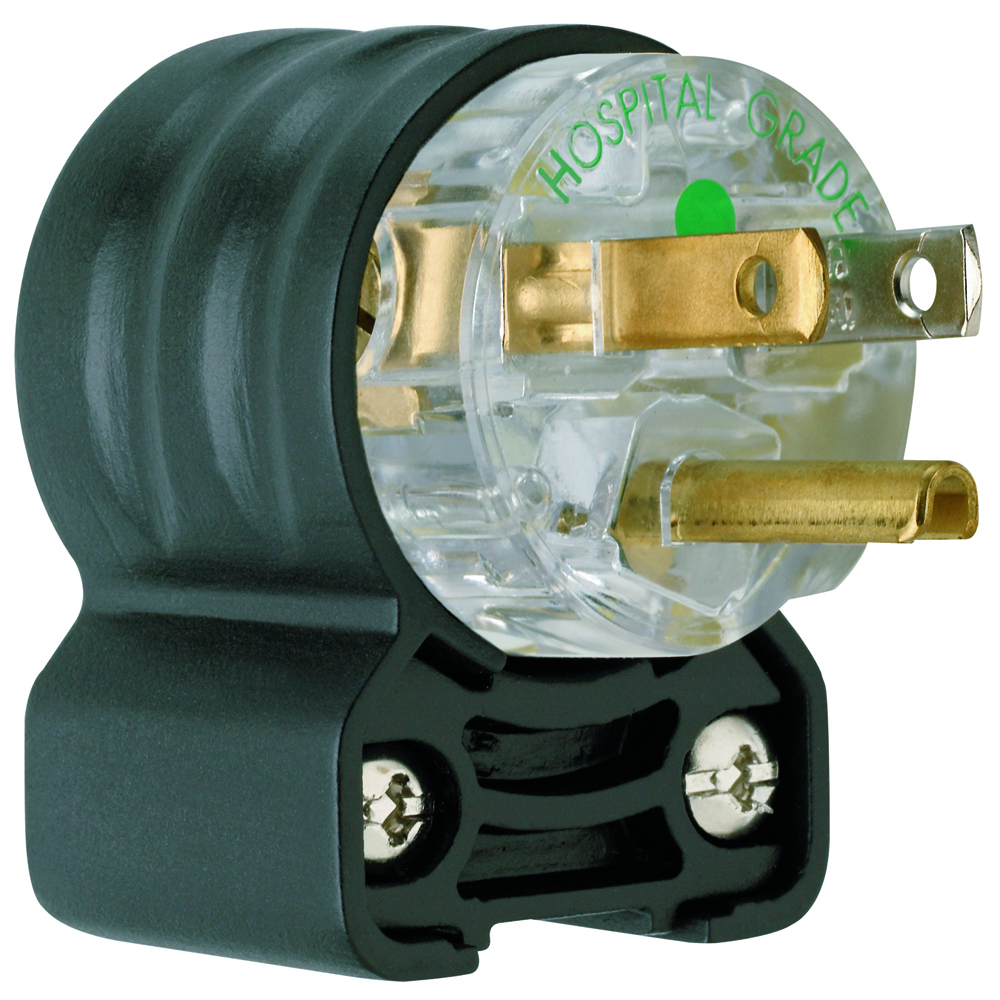 15amp 125v, Hospital Grade Angle Plug, 2pole 3wire, Black & Clear