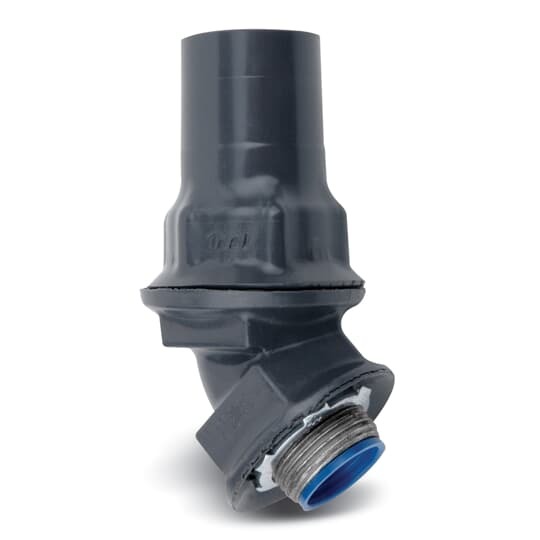 PVC Coated Liquitight Conduit Connector, 45 Degree, Pipe Size 1-1/2 Inch/41 Metric, Minimum .040 Inch (40 mil) PVC Coating on Exterior, Steel Fitting, Dark Gray