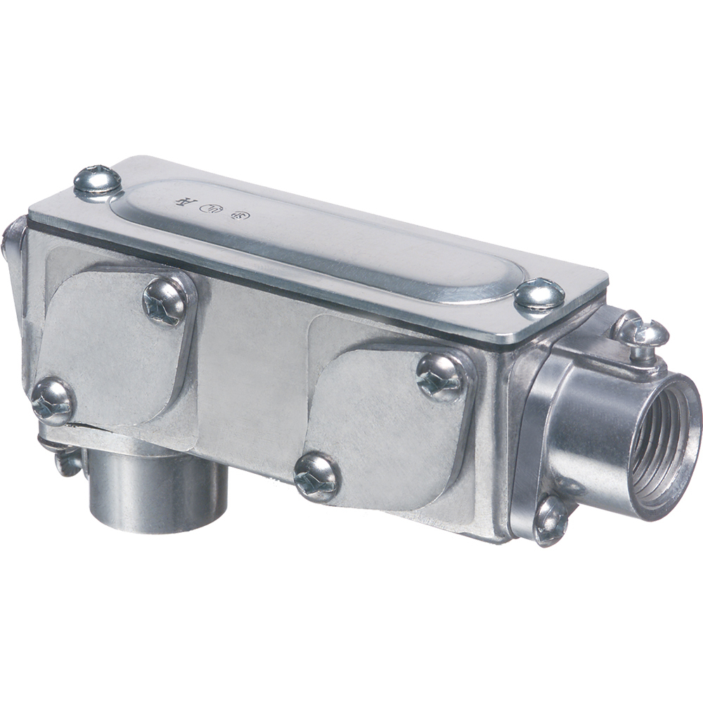 Copper free aluminum die-cast. five conduit bodies in one. Ships as an LB but converts to a T, LL, LR, or C. Combination threaded IMC or Rigid and set screw EMT. Trade Size 3/4".