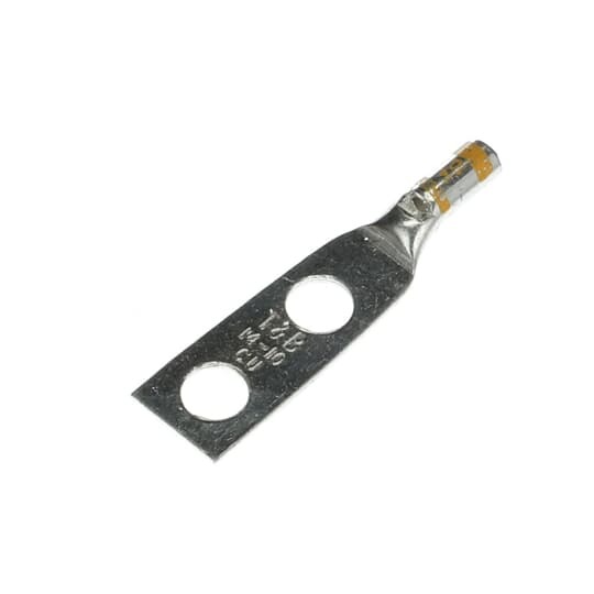 Copper Two-Hole Lug, Standard Barrel, Peep Hole, Max 35kV, Wire Size #14-10, 1/4 Inch Bolt Size, 5/8 Inch Hole Spacing, Tin Plated, Die Code ERG2002, Die Color Code N/A