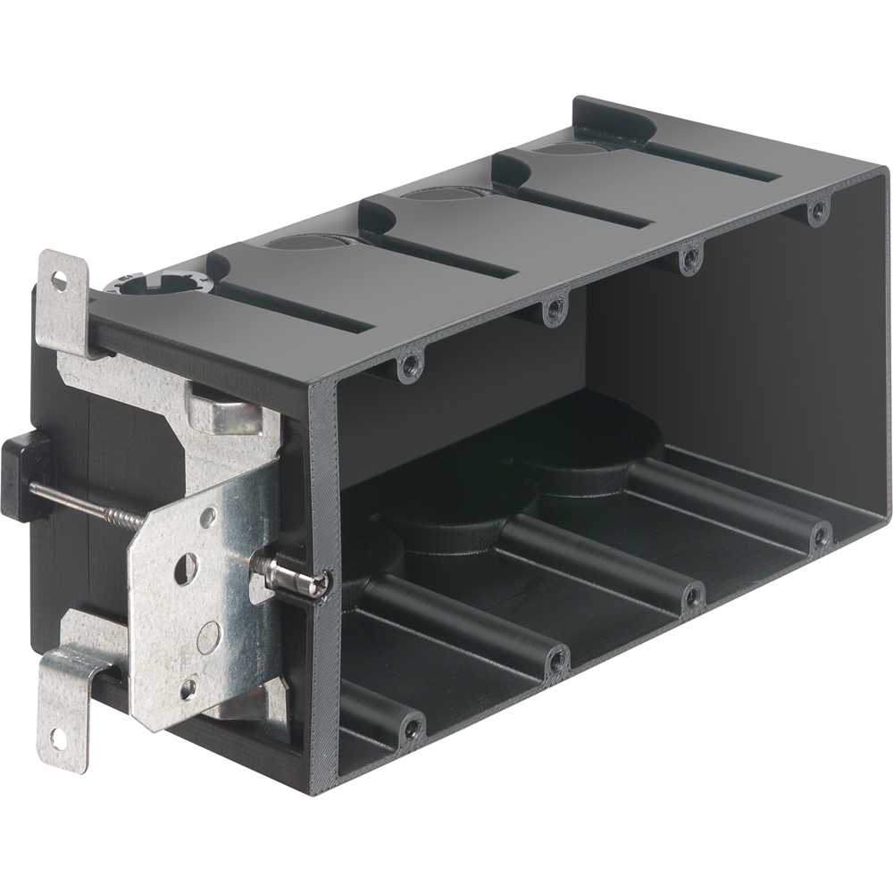 Non-Metallic box for new construction. Adjustable for wall thicknesses from 1/4" to 1-1/2". Four Gang, Vertical, 87.0 cu. in.