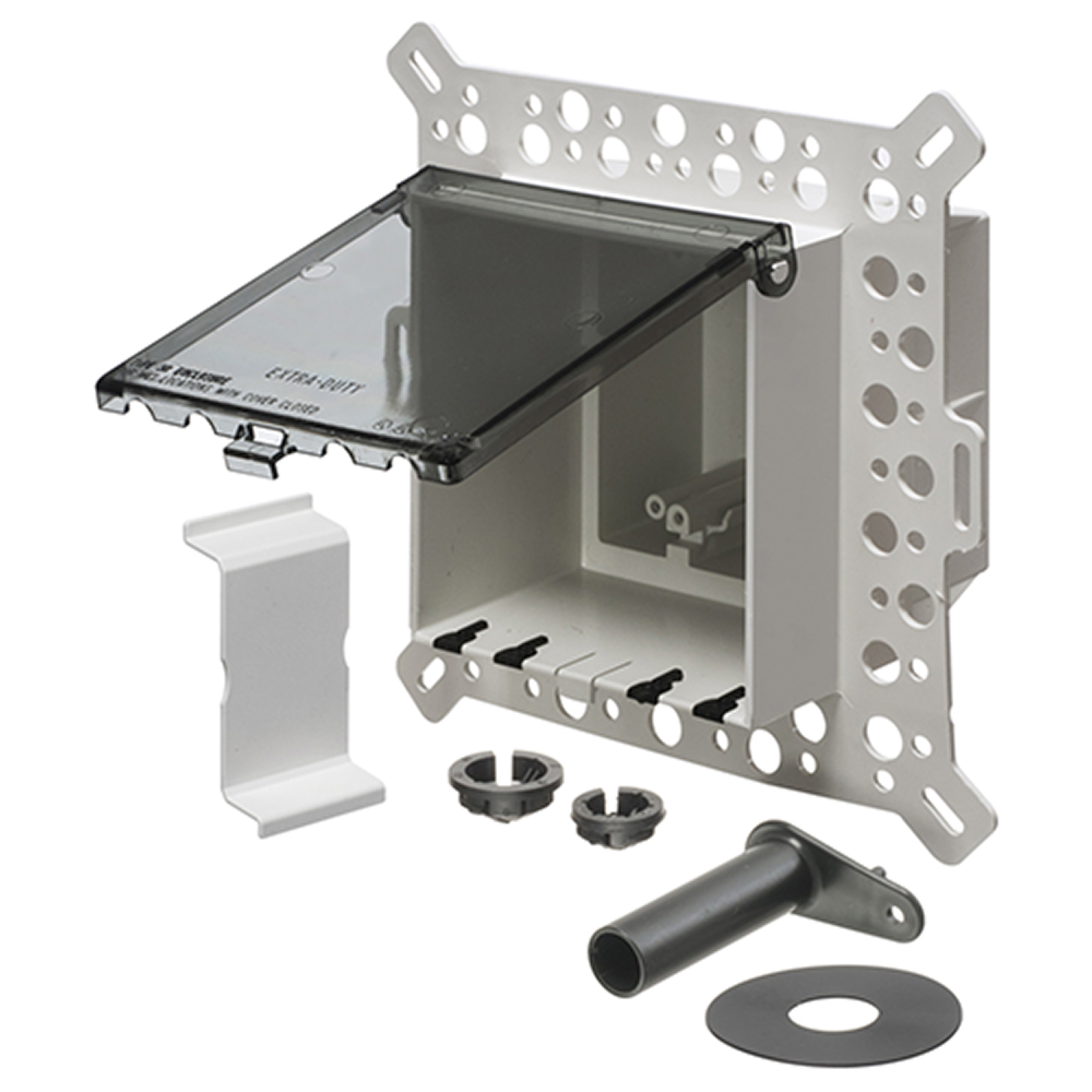 Low Profile Inbox for new construction for stucco, textured and rigid siding. Vertical with weatherproof while in use. Extra Duty clear cover. Two gang.