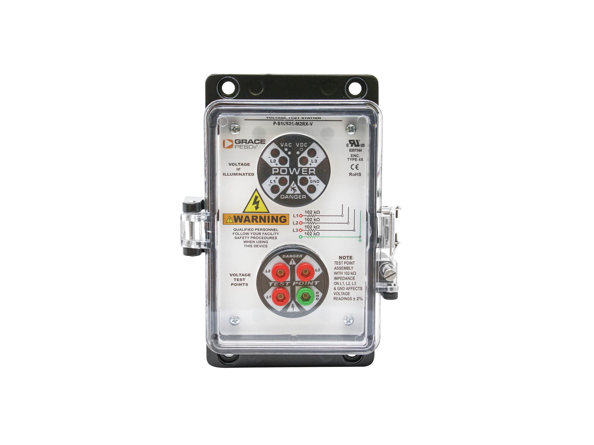 VOLTAGE TEST STATION WITH VOLTAGE INDICATOR AND SAFE TEST POINT, VERTICAL/FLANGE MOUNT, UL TYPE 4X HOUSING
