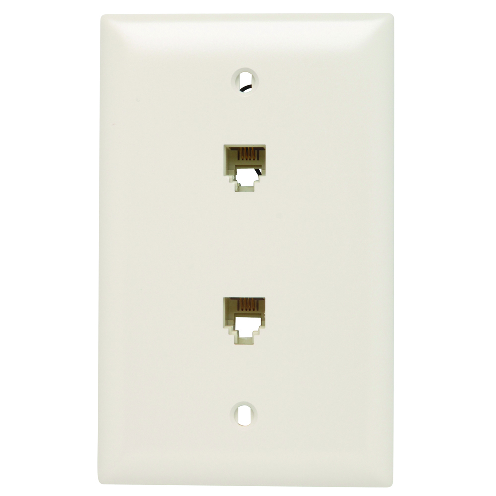 Single gang, two modular four conductor RJ11 telephone jacks with wall plate.