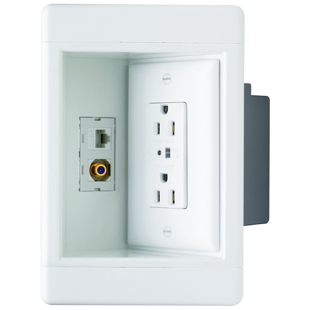 Ideal for flat-screen TVs, home office, kitchen counter tops, and behind furniture to allow snug-to-wall placement. This single gang recessed TV box with TVSS and low-voltage kit includes: TVSS duplex receptacle, Cat5E jack, F-connector, blanks and wall plates.