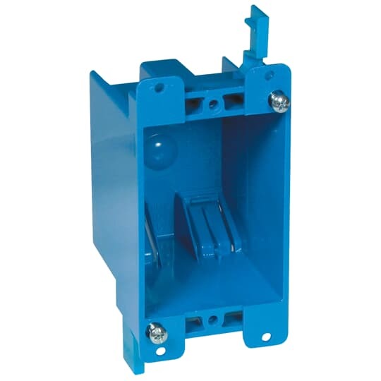 One-Gang Old Work Outlet Box, Volume 14 Cubic Inches, Length 4-1/8 Inches, Width 2-1/4 Inches, Depth 2-3/4 Inches, Color Blue, Material PVC, Mounting Means Mounting Ears and Swing Clamps