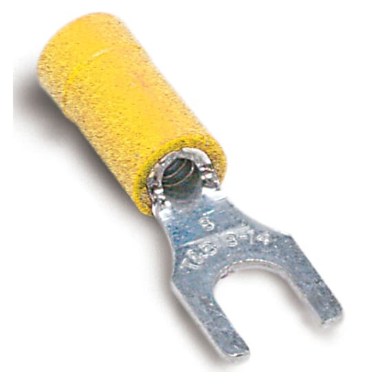 Vinyl-Insulated Fork Terminal, Length 1.09 Inches, Width .38 Inches, Maximum Insulation .210, Bolt Hole #10, Wire Range #12-#10 AWG, Color Yellow, Copper, Tin Plated, Mini-Pack