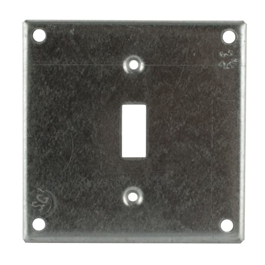Square Box Surface Cover, 6.5 Cubic Inches, 4 Inch Square x 1-/2 Inch Raised, 1/4 Inch Diameter Hole Opening, Galvanized Steel, For use with One Toggle Switch in Center