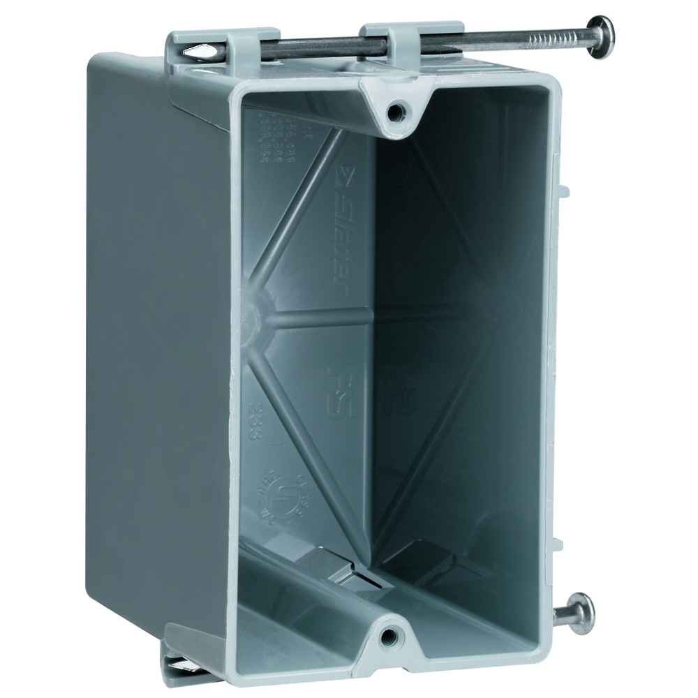 Single Gang, Switch and Outlet Box, Reverse Angled Captive Mounting Nail, Two Quick/Click Entries on each end. Used for Manufactured Housing. 100 pack.