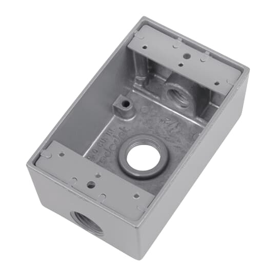 Single Gang Universal Weatherproof Box, 19.0 Cubic Inches, Hub Size 1/2 Inch, White, Aluminum, 3 Outlets, One on Top, Bottom, and Back, with Mounting Lugs