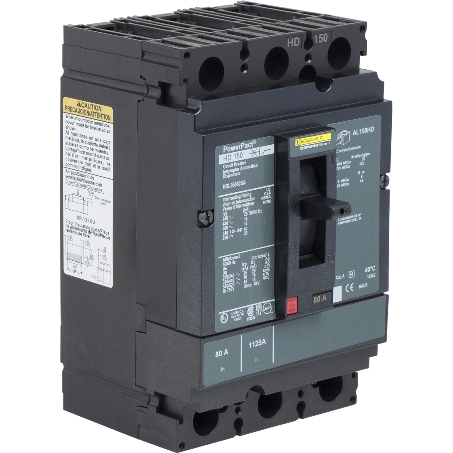 Circuit breaker, PowerPacT H, 40A, 3 pole, 600VAC, 14kA, lugs, thermal magnetic, 80%, shunt