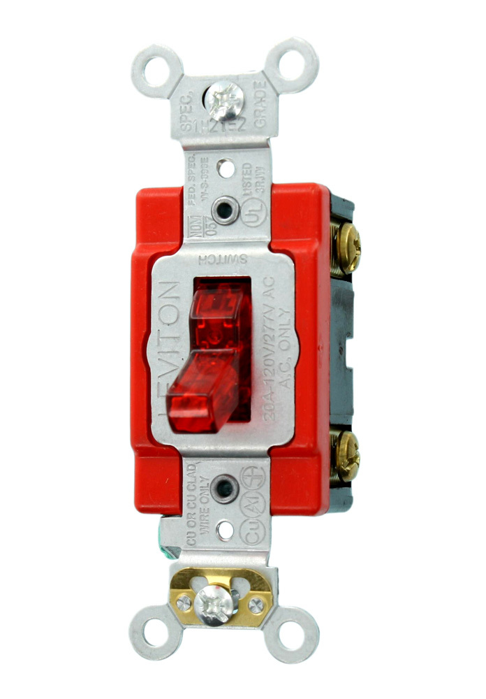 Extra Heavy Duty Grade, Self Grounding, Lev-Lok Modular, 20 Amp, 120 Volt, Single-Pole AC Illuminated Toggle Switch, Red
