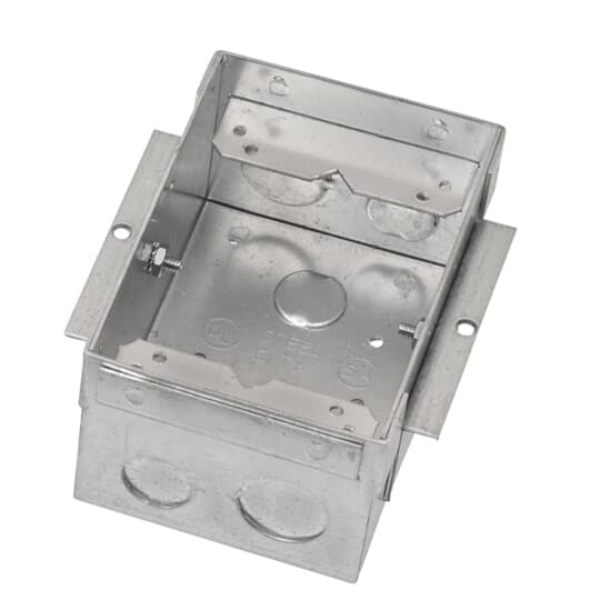 Single Gang Floor Box, 31 Cubic Inches, Length 3-11/16 Inches, Width 5-5/16 Inches, Depth 2-13/16 Inches, 1/2 Inch, 3/4 Inch, and 1 Inch Knockouts, Galvanized Steel, For Wood Subfloors