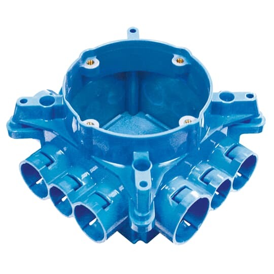 Non-metallic mud box with ceiling ring and 12 integral connectors. 41.8 Cubic Inch Capacity.
