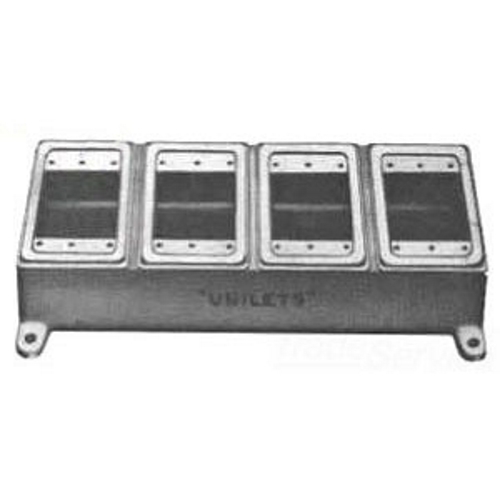 Unilet; 4-Gang Box FD Multiple Cover; 2.690 Inch Depth, Malleable Iron, 130 Cubic-Inch, 3/4 Inch Hub